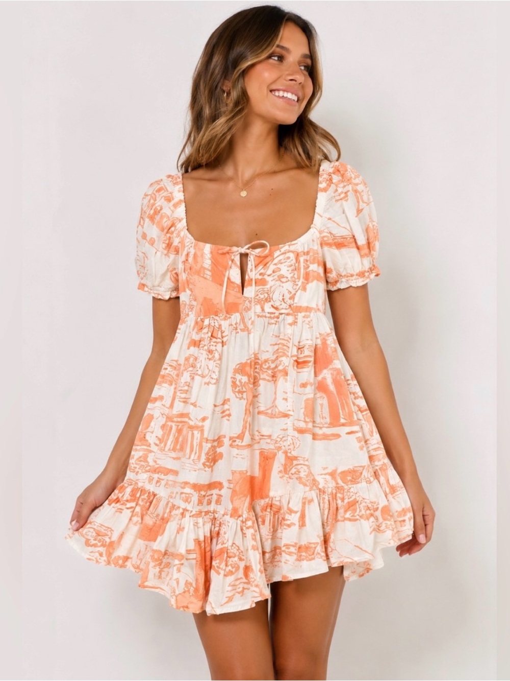 Urban Outfitters Coral and Cream Printed Peasant Dress
